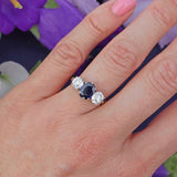 Ellibelle Jewellery Art Deco Sapphire & Old-European Diamond 18ct Gold Three-Stone Engagement Ring