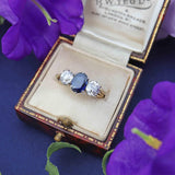 Ellibelle Jewellery Art Deco Sapphire & Old-European Diamond 18ct Gold Three-Stone Engagement Ring
