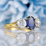 Ellibelle Jewellery Art Deco Sapphire & Old-European Diamond 18ct Gold Three-Stone Engagement Ring