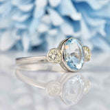 Ellibelle Jewellery Art Deco Style Aquamarine & Diamond Platinum Three-Stone Engagement Ring