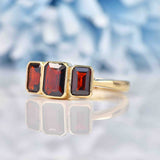Ellibelle Jewellery Art Deco Style Garnet 9ct Gold Bezel Trilogy Ring