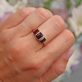 Ellibelle Jewellery Art Deco Style Garnet 9ct Gold Bezel Trilogy Ring