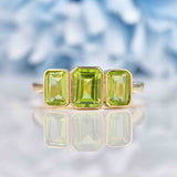 Ellibelle Jewellery Art Deco Style Peridot 9ct Gold Bezel Trilogy Ring