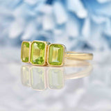 Ellibelle Jewellery Art Deco Style Peridot 9ct Gold Bezel Trilogy Ring