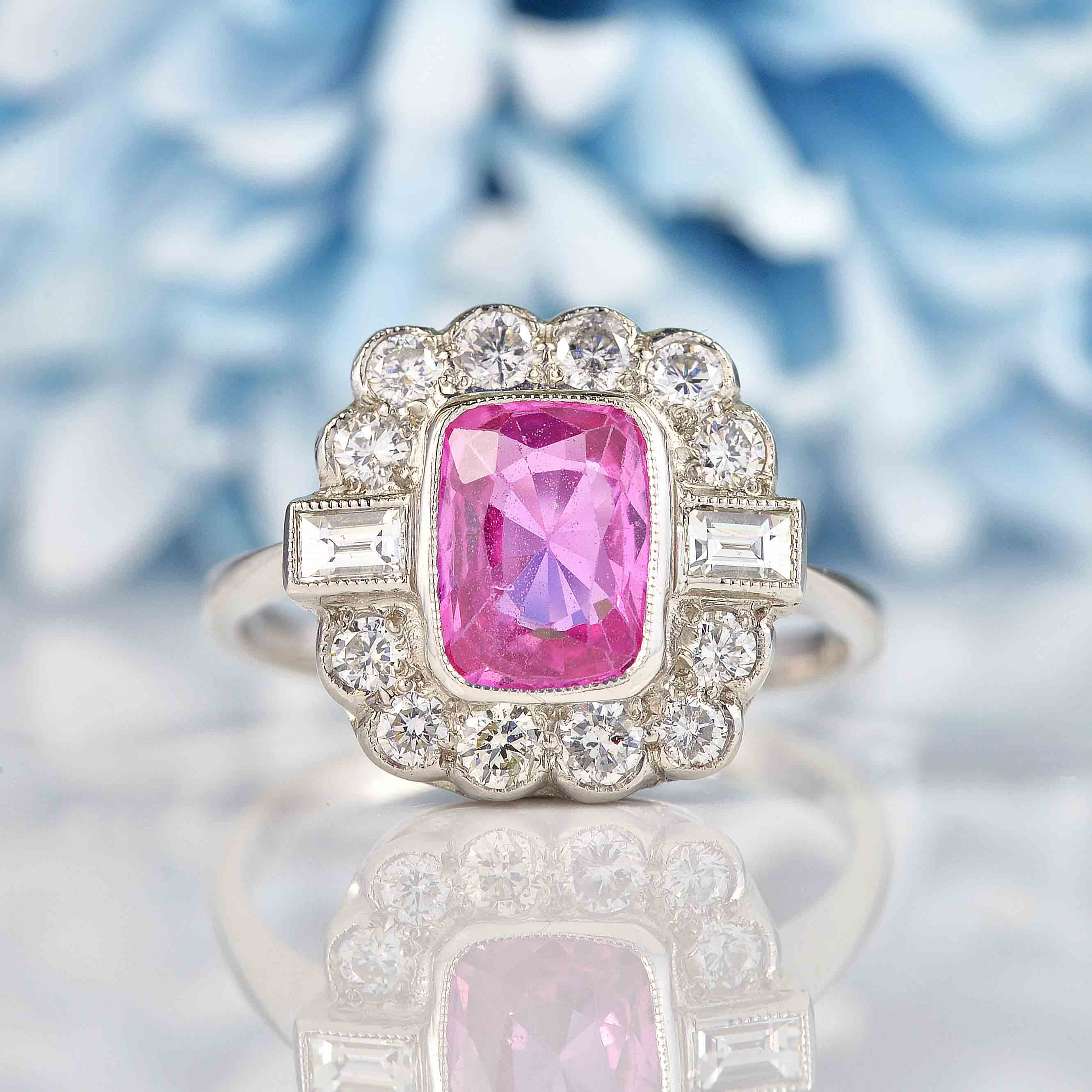 Pink Sapphire Diamond Platinum Cluster Engagement Ring