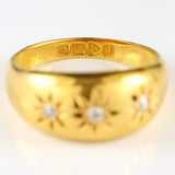 Ellibelle Jewellery Edwardian 1909 Diamond 18ct Gold Three-Stone Starburst Gypsy Ring