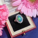 Ellibelle Jewellery Edwardian Black Opal & Diamond 18ct Gold Platinum Cluster Ring
