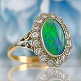 Ellibelle Jewellery Edwardian Black Opal & Diamond 18ct Gold Platinum Cluster Ring