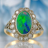 Ellibelle Jewellery Edwardian Black Opal & Diamond 18ct Gold Platinum Cluster Ring