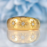 Ellibelle Jewellery Edwardian Diamond 18ct Gold Three-Stone Starburst Gypsy Ring