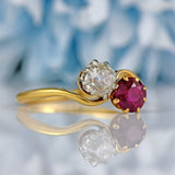 Ellibelle Jewellery Edwardian Ruby & Diamond 18ct Gold 'Toi et Moi' Crossover Ring