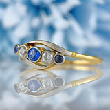 Ellibelle Jewellery Edwardian Sapphire & Diamond 18ct Gold Platinum Five-Stone Crossover Ring