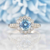 Ellibelle Jewellery Edwardian Style Aquamarine & Diamond Platinum Halo Ring