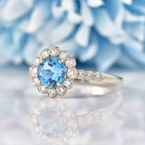 Ellibelle Jewellery Edwardian Style Aquamarine & Diamond Platinum Halo Ring