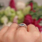 Ellibelle Jewellery Edwardian Style Aquamarine & Diamond Platinum Halo Ring