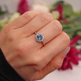 Ellibelle Jewellery Edwardian Style Aquamarine & Diamond Platinum Halo Ring