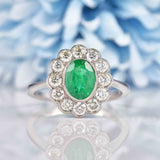 Ellibelle Jewellery Edwardian Style Emerald & Diamond Platinum Cluster Engagement Ring