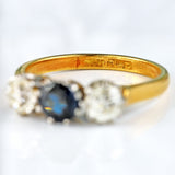 Ellibelle Jewellery Mid-20th Century Sapphire & Old-Cut Diamond 18ct Gold Three-Stone Trilogy Ring