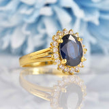 Ellibelle Jewellery Natural Dark Blue Sapphire & Diamond 18ct Gold Oval Cluster Ring