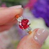Ellibelle Jewellery Natural Oval Cut Ruby & Diamond 18ct Gold Three-Stone Engagement Ring