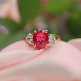 Ellibelle Jewellery Natural Oval Cut Ruby & Diamond 18ct Gold Three-Stone Engagement Ring