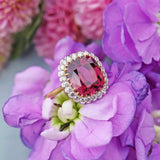 Ellibelle Jewellery Natural Pink Spinel & Diamond 18ct Gold Cushion-Cut Cluster Engagement Ring