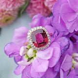 Ellibelle Jewellery Natural Pink Spinel & Diamond 18ct Gold Cushion-Cut Cluster Engagement Ring