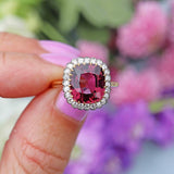 Ellibelle Jewellery Natural Pink Spinel & Diamond 18ct Gold Cushion-Cut Cluster Engagement Ring