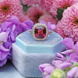 Ellibelle Jewellery Natural Pink Spinel & Diamond 18ct Gold Cushion-Cut Cluster Engagement Ring