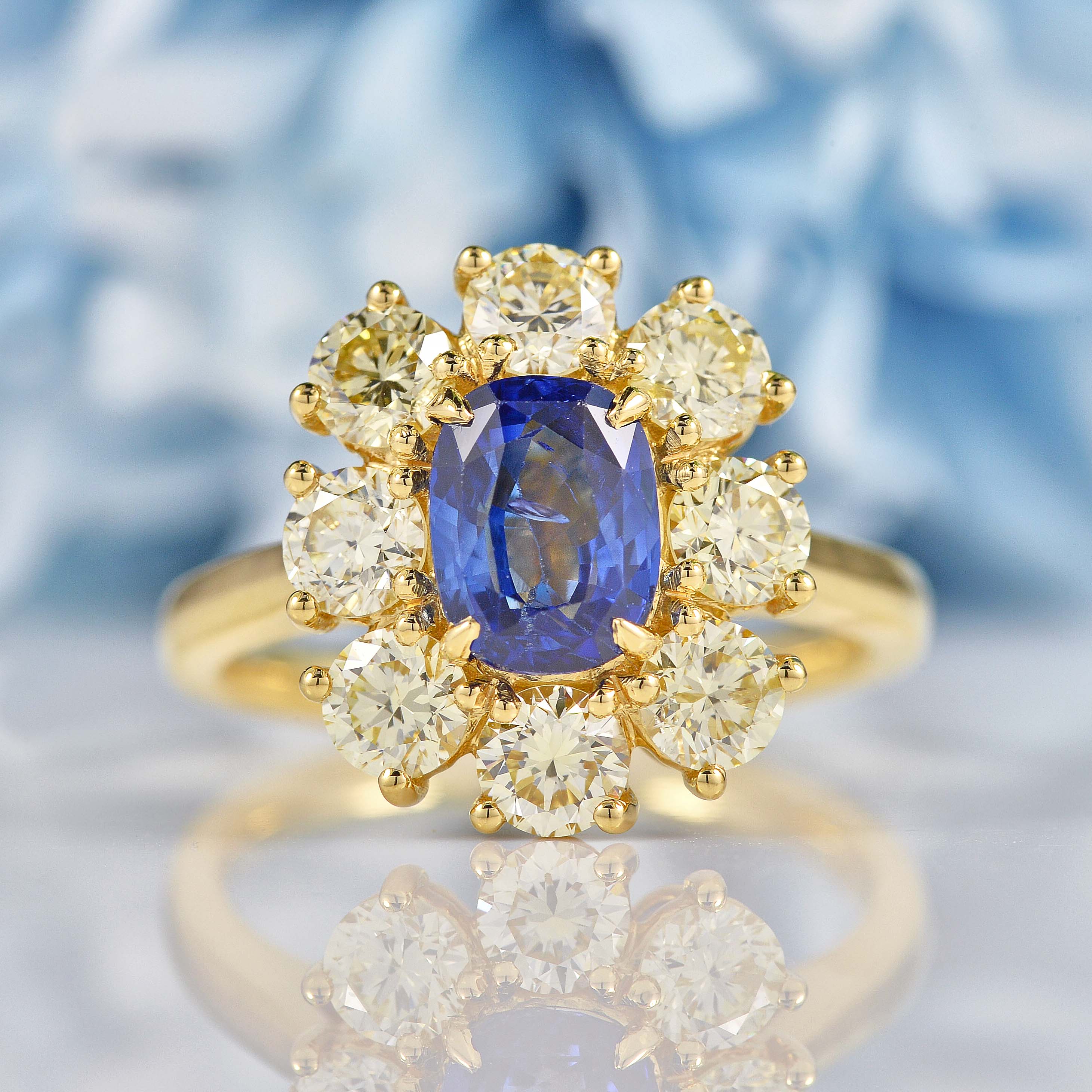 Blue Sapphire Diamond 18ct Gold Oval Cluster Engagement Ring