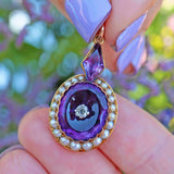 Ellibelle Jewellery Victorian Amethyst, Old Cut Diamond & Pearl 18ct Gold Pendant