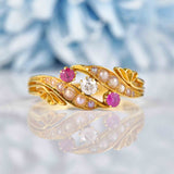 Ellibelle Jewellery Victorian Ruby, Diamond & Pearl 18ct Gold Ring