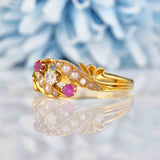 Ellibelle Jewellery Victorian Ruby, Diamond & Pearl 18ct Gold Ring