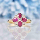 Ellibelle Jewellery Victorian Style Ruby & Diamond 9ct Gold Clover Ring