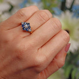 Ellibelle Jewellery Vintage 1970s Blue Sapphire & Diamond Gold Daisy Cluster Ring