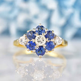 Ellibelle Jewellery Vintage 1970s Blue Sapphire & Diamond Gold Daisy Cluster Ring