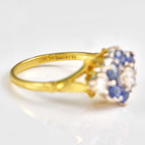 Ellibelle Jewellery Vintage 1970s Blue Sapphire & Diamond Gold Daisy Cluster Ring