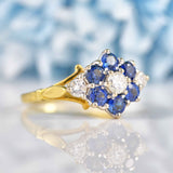 Ellibelle Jewellery Vintage 1970s Blue Sapphire & Diamond Gold Daisy Cluster Ring