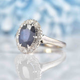 Ellibelle Jewellery Vintage 1973 Dark Sapphire & Diamond 18ct White Gold Cluster Ring