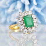 Ellibelle Jewellery Vintage 1973 Emerald & Diamond 18ct Gold Cluster Engagement Ring