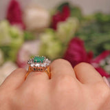 Ellibelle Jewellery Vintage 1973 Emerald & Diamond 18ct Gold Cluster Engagement Ring