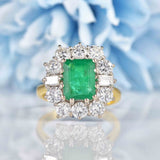 Ellibelle Jewellery Vintage 1973 Emerald & Diamond 18ct Gold Cluster Engagement Ring