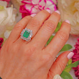 Ellibelle Jewellery Vintage 1973 Emerald & Diamond 18ct Gold Cluster Engagement Ring