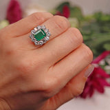 Ellibelle Jewellery Vintage 1973 Emerald & Diamond 18ct Gold Cluster Engagement Ring