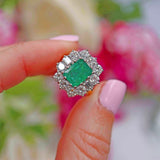 Ellibelle Jewellery Vintage 1973 Emerald & Diamond 18ct Gold Cluster Engagement Ring