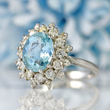 Ellibelle Jewellery Vintage 1974 Aquamarine & Diamond 18ct White Gold Cluster Ring