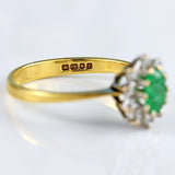 Ellibelle Jewellery Vintage 1974 Emerald & Diamond 18ct Gold Oval Cluster Ring