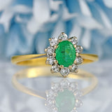 Ellibelle Jewellery Vintage 1974 Emerald & Diamond 18ct Gold Oval Cluster Ring