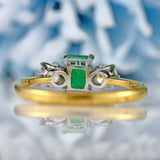 Ellibelle Jewellery Vintage 1974 Emerald & Diamond 18ct Gold Three-Stone Engagement Ring