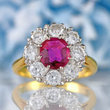 Ellibelle Jewellery Vintage 1974 Ruby & Diamond 18ct Gold Halo Cluster Ring